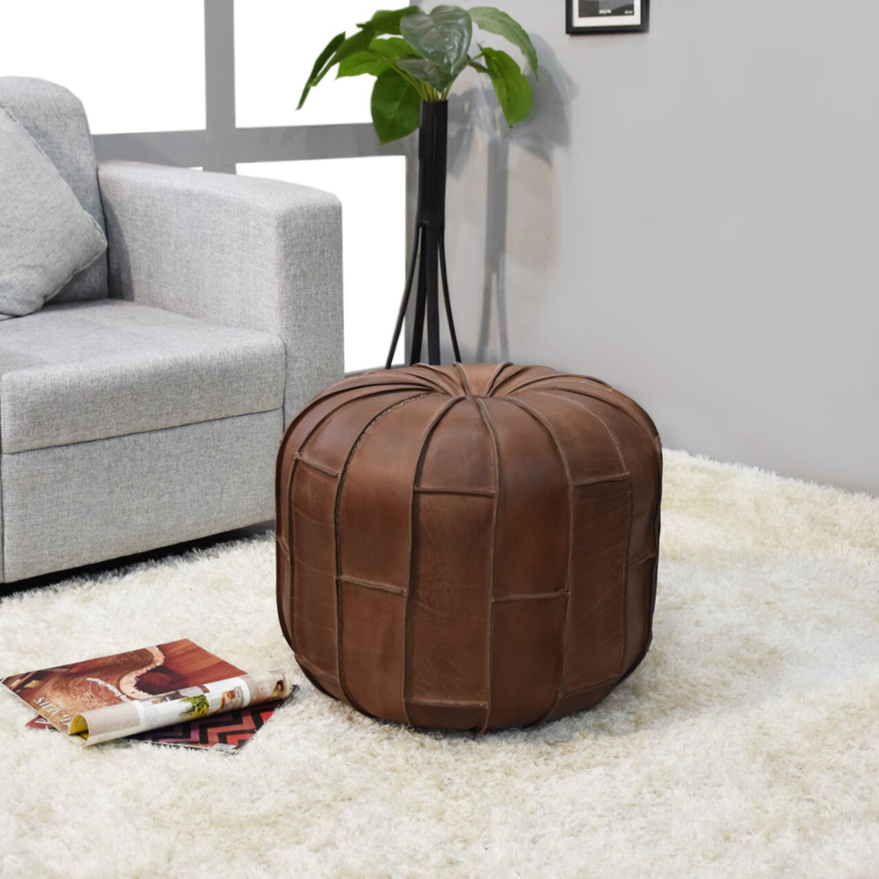 Bbh Homes Handmade Brown Leather Pouf Ottoman Round Shape Bbbacpf0027